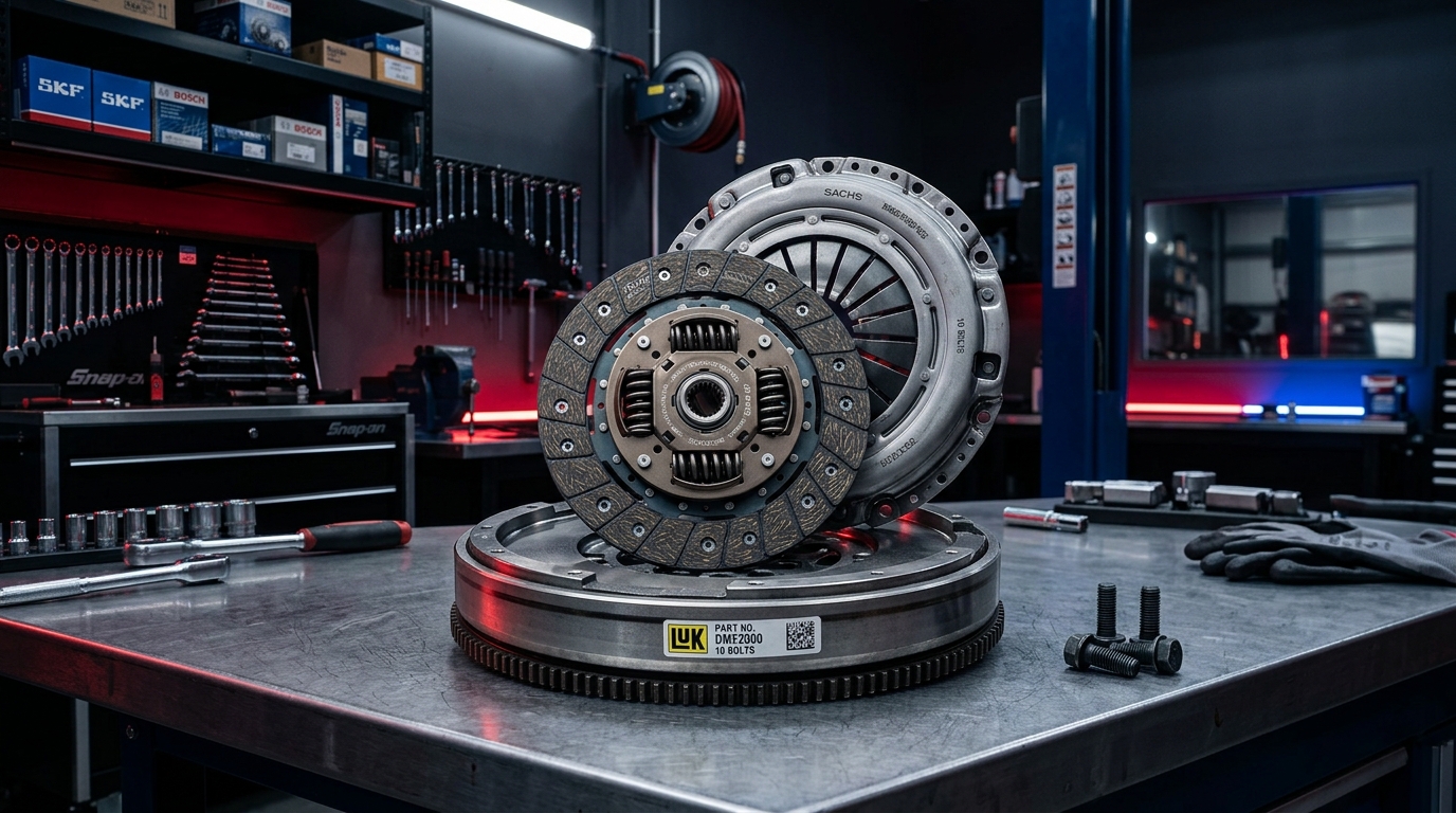 Manual transmission clutch disc, pressure plate and dual-mass flywheel on workshop bench