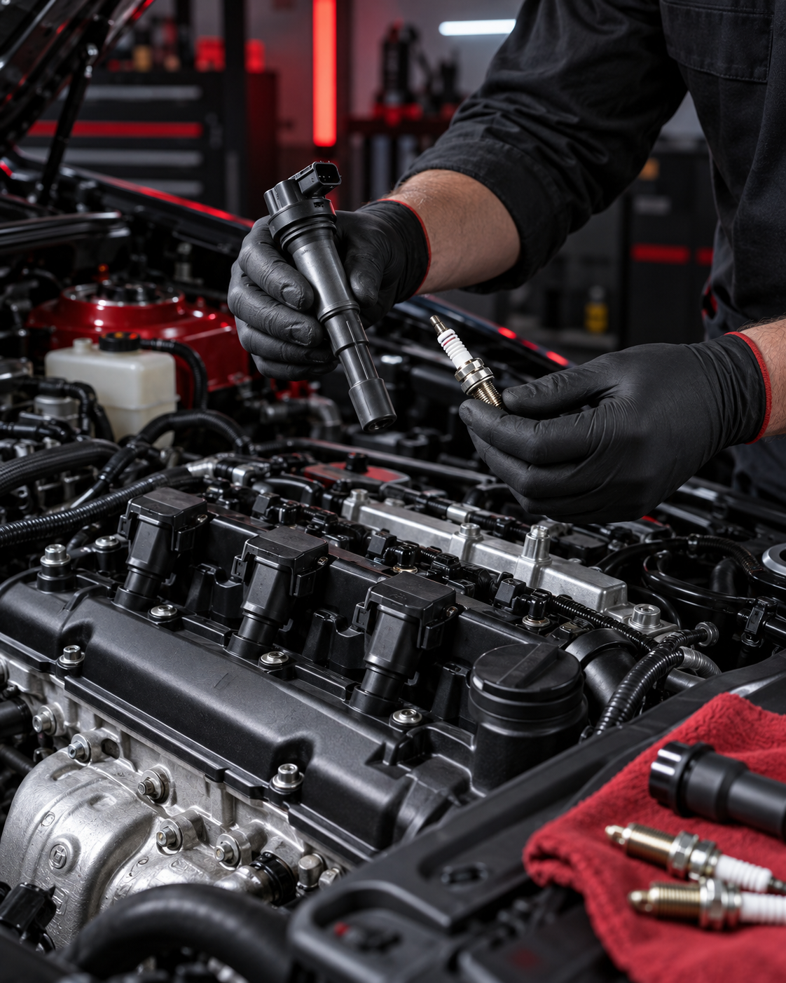 Technician inspecting an ignition coil and spark plug in an engine bay