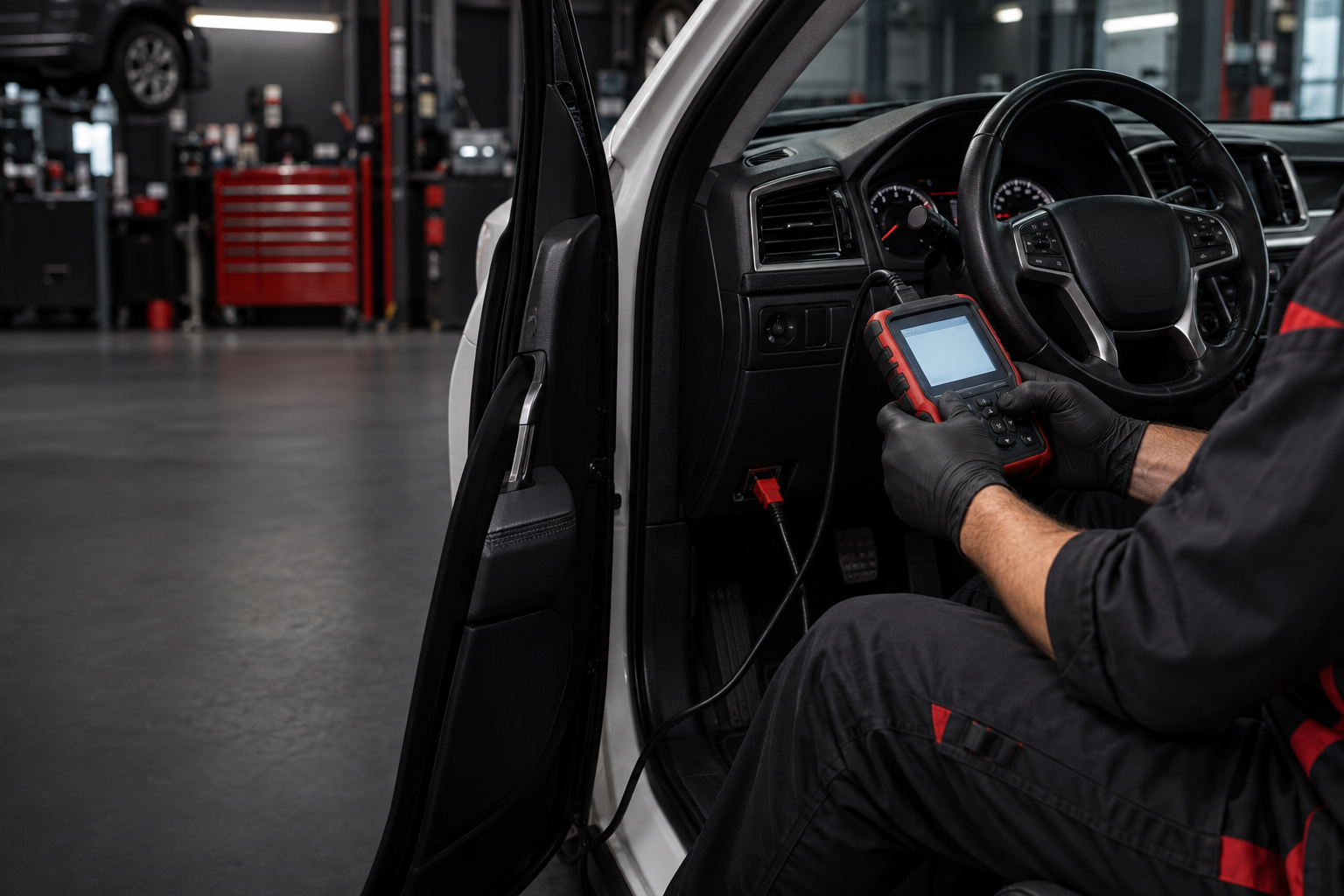 Technician using an OBD-II diagnostic scanner inside a car